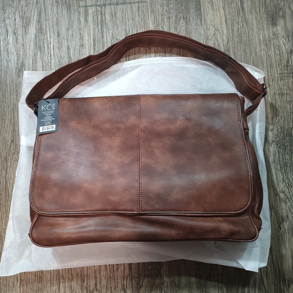 T D Jakes Brown Vegan Leather Messenger Bag Laptop Business